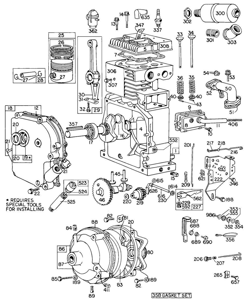 Cyl, Piston, Muffler, Crnkcse Diagram and Parts List for 145451-0149-XX  Briggs and Stratton Engine